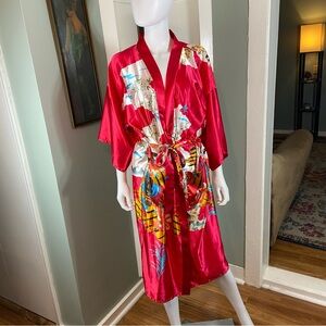 Satin Red Kimono Robe Asian Influence Print Style Floral Women’s Small S
